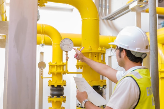 Ingeniero asiático con gafas trabajando en el mantenimiento de la sala de calderas comprobando los datos técnicos del equipo del sistema de calefacciónGente tailandesa