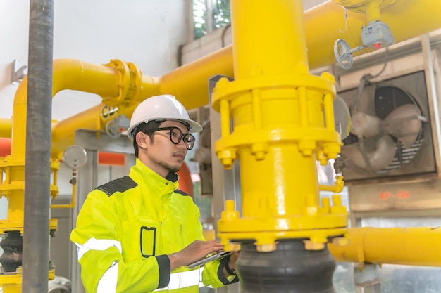 Ingeniero asiático con gafas trabajando en la sala de calderas, control de mantenimiento datos técnicos de hea