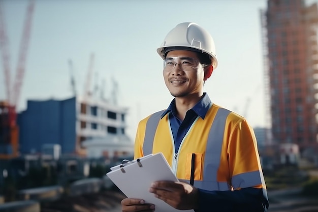 ingeniero asiático inteligente gerente con uniforme de seguridad comprobación del sitio de construcción con acero