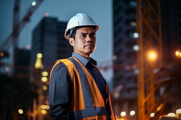 ingeniero asiático inteligente gerente con uniforme de seguridad comprobación del sitio de construcción con acero