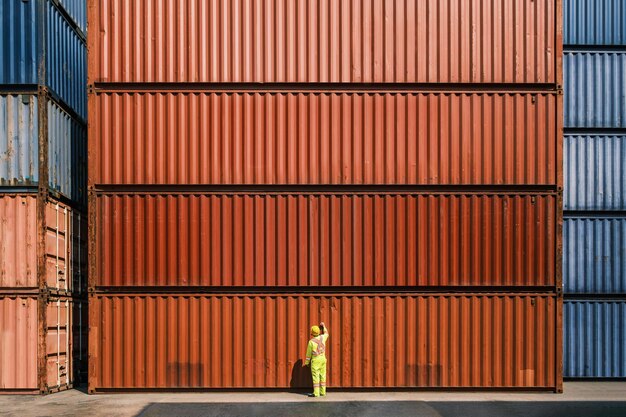 Foto ingeniero asiático de pie y comprobando contenedores en un patio de contenedores administración de negocios de envío