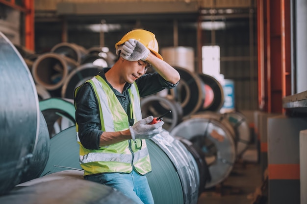 Ingeniero asiático trabajando duro en la fábrica de máquinas de control de seguridad de cascos de empleados de trabajadores de fábricas