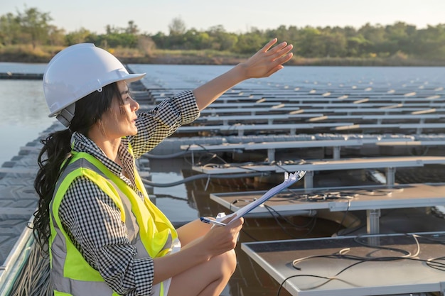Ingeniero asiático trabajando en una granja solar flotanteEnergía renovableTécnico e inversor de paneles solares comprobando los paneles en la instalación de energía solar