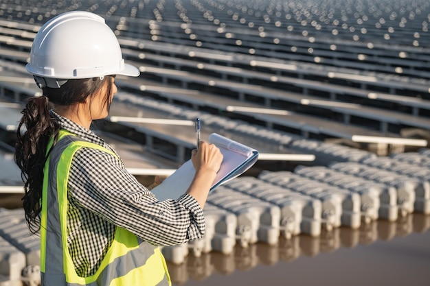 Ingeniero asiático trabajando en una granja solar flotanteEnergía renovableTécnico e inversor de paneles solares comprobando los paneles en la instalación de energía solar