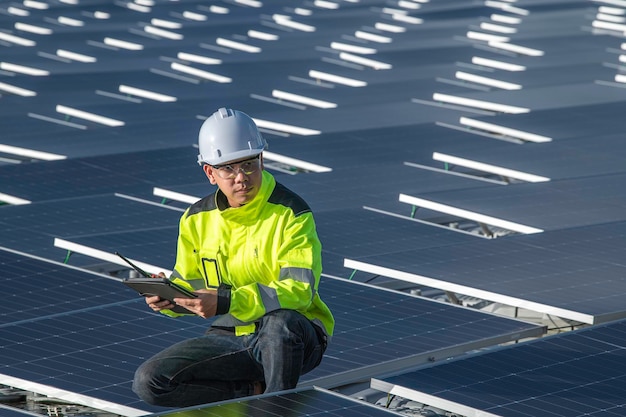 Ingeniero asiático trabajando en una planta de energía solar flotanteEnergía renovableTécnico e inversor de paneles solares comprobando los paneles en la instalación de energía solar