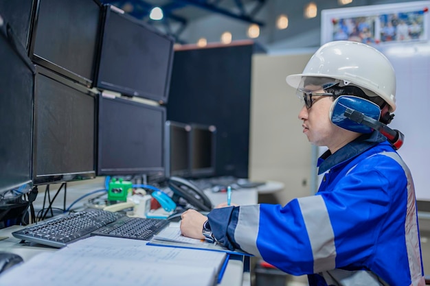 Ingeniero asiático trabajando en el quirófanoLa gente de Tailandia usa casco. Trabajó con diligencia y paciencia. Comprobó el regulador de la válvula en el tanque de hidrógeno.