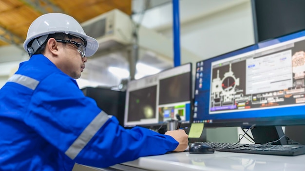 Ingeniero asiático trabajando en el quirófanoLa gente de Tailandia usa casco. Trabajó con diligencia y paciencia. Comprobó el regulador de la válvula en el tanque de hidrógeno.