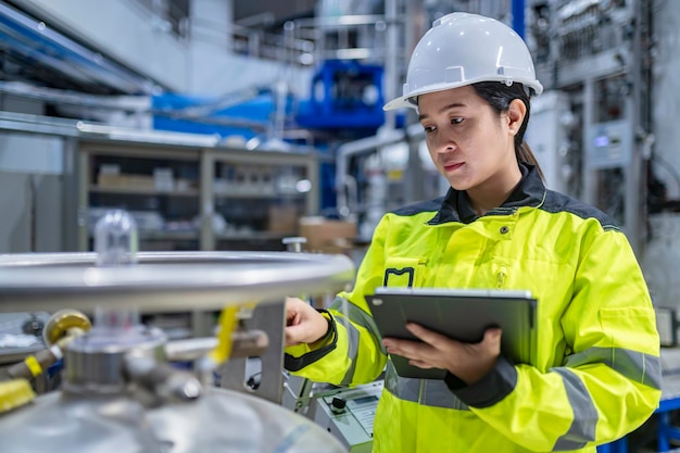 Ingeniero asiático trabajando en la sala de operaciones de Tailandia la gente usa casco de trabajo trabajó con diligencia y paciencia comprobó el regulador de la válvula en el tanque de hidrógeno