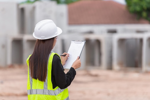 Ingeniero asiático trabajando en el sitio de un gran proyecto de construcciónGente tailandesaTrabajar horas extra en el sitio de construcción