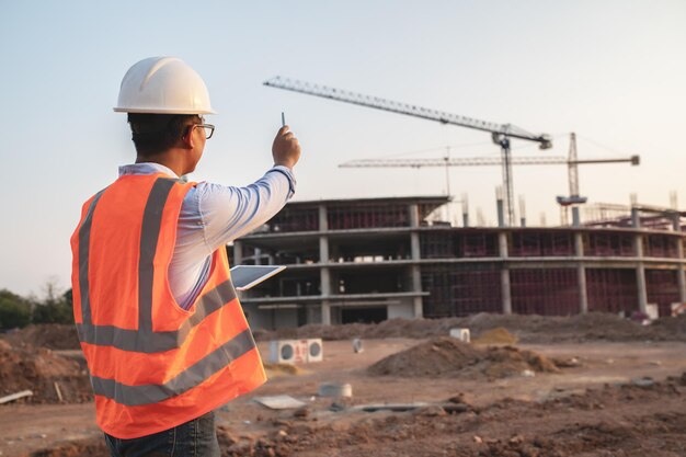 Ingeniero asiático trabajando en el sitio de un gran proyecto de construcciónGente tailandesaTrabajar horas extra en el sitio de construcción