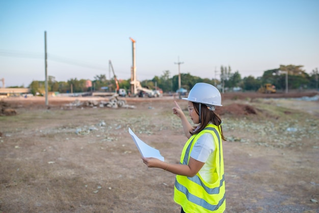 Ingeniero asiático trabajando en el sitio de un gran proyecto de construcciónGente tailandesaTrabajar horas extra en el sitio de construcción