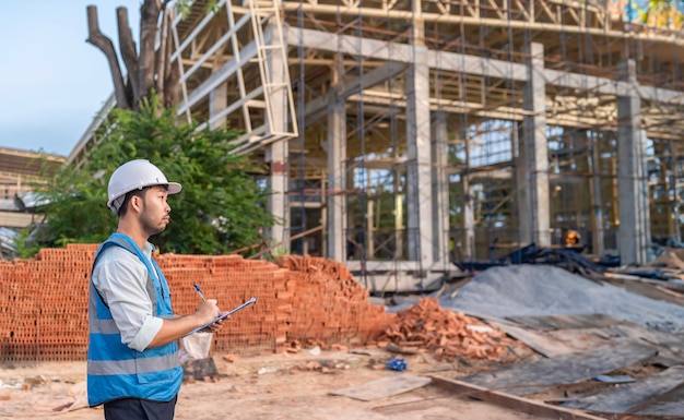 Ingeniero asiático trabajando en el sitio de un gran proyecto de construcciónThailandia genteTrabajando horas extras en el lugar de construcción