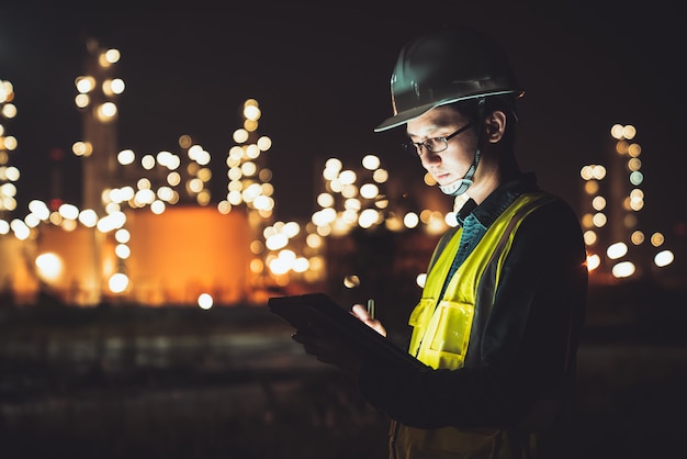 Ingeniero asiático usando tableta digital trabajando hasta tarde en la refinería de petróleo en polígono industrial