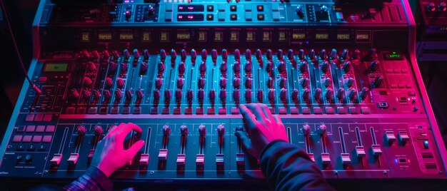 Foto un ingeniero de audio músico artista trabaja en un estudio de grabación de música con una mesa de mezcla mezclador con ecualizador una mano moviendo fader y botones para transmitir grabación o reproducir canciones se puede ver neon