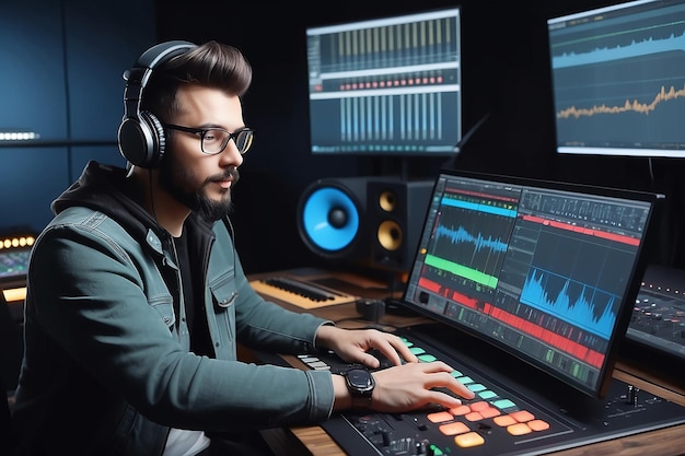 El ingeniero de audio del productor usa un panel de control y una pantalla para grabar una pista de un nuevo álbum