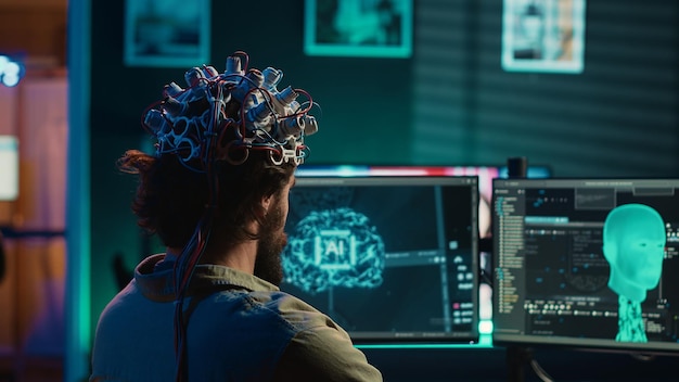 Ingeniero con auriculares EEG en la fusión con la inteligencia artificial