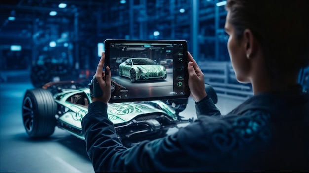 Ingeniero automotriz trabajando en la plataforma de chasis de automóviles eléctricos utilizando una tableta con software de realidad aumentada en 3D Instalación innovadora El marco del vehículo con ruedas se convierte en un modelo de VFX