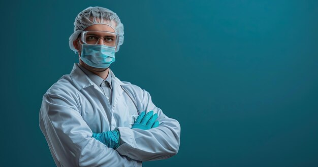 Foto un ingeniero biomédico en traje de laboratorio sosteniendo dispositivos médicos de pie en un fondo de color sólido fotorealista de laboratorio de investigación