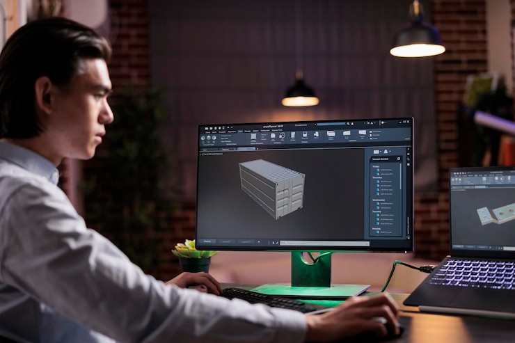 Foto ingeniero de cad que desarrolla el mecanismo del motor y el producto industrial, fabrica componentes técnicos con software de ingeniería avanzado en el monitor. usando la interfaz de la industria de manufactura 3d.