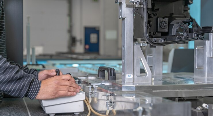 Foto el ingeniero de calidad controla un instrumento para la medición 3d de piezas de fundición de plástico en la industria automotriz.