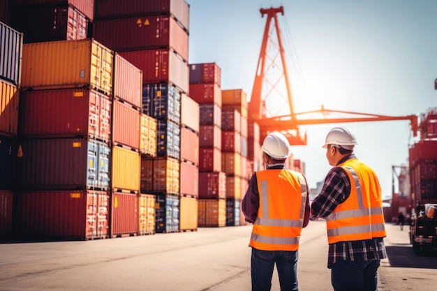 Foto ingeniero y capataz manejan la carga de contenedores de un buque de carga para la importación y exportación