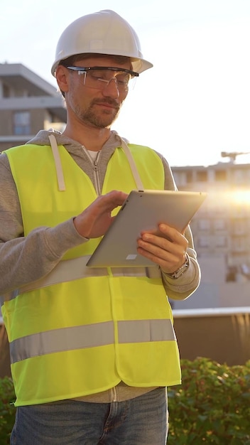 Un ingeniero con casco blanco y chaleco de seguridad está tomando notas en una tableta digital mientras inspecciona un sitio de construcción al amanecer temprano en la mañana vista frontal vertical concepto de arquitectura