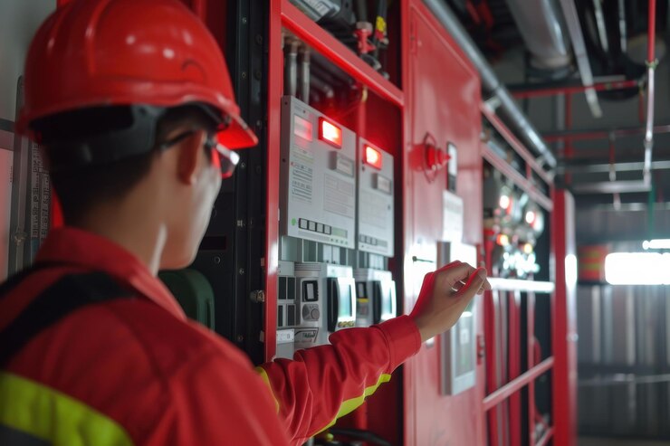 Un ingeniero con un casco y un chaleco verifica el equipo con un clipboard en una instalación industrial