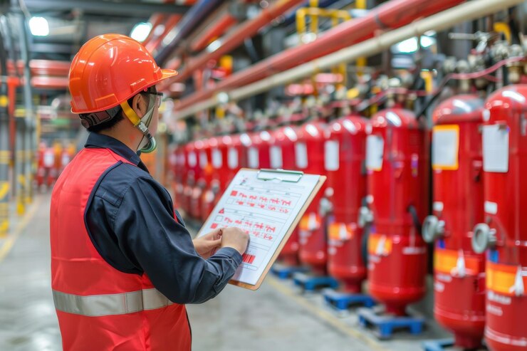 Un ingeniero con un casco y un chaleco verifica el equipo con un clipboard en una instalación industrial