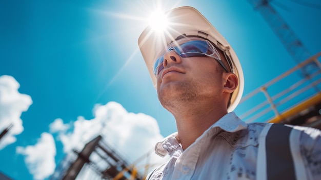 Foto ingeniero con casco con cielo azul en el estilo