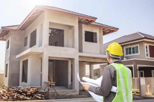 Foto ingeniero en casco protector y papel de planos en el sitio de construcción de la casa