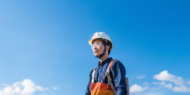 Un ingeniero con casco y tela de seguridad se alza contra el cielo azul.