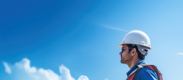 ingeniero con casco y tela de seguridad se opone al cielo azul