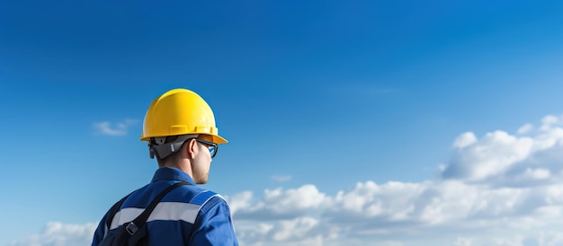 ingeniero con casco y tela de seguridad se opone al cielo azul