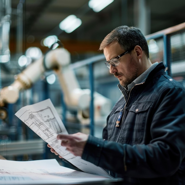 Ingeniero centrado en la revisión de planos en un entorno industrial