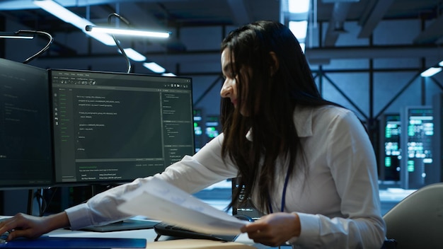 Ingeniero en un centro de datos instalando software en la computadora