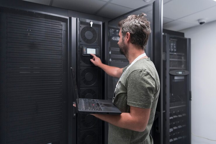 Foto ingeniero de centro de datos usando computadora portátil. instalación especializada en salas de servidores con administrador de sistemas masculino que trabaja con la red de protección de datos para seguridad cibernética o granja minera de criptomonedas.