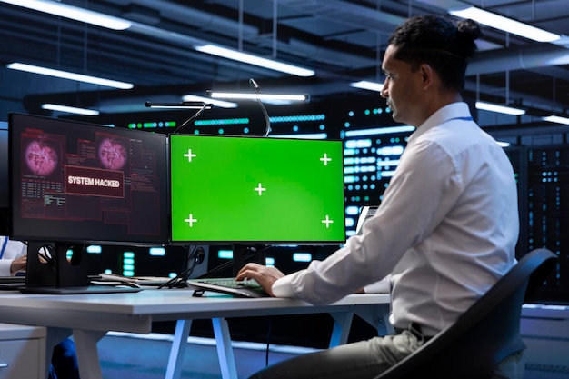Ingeniero en el centro del servidor usando PC de pantalla verde para detener al hacker