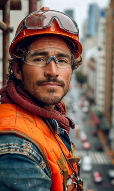 Un ingeniero con un chaleco de casco naranja Un hombre que trabaja en un sitio de construcción con un casco de seguridad amarillo y gafas de protección