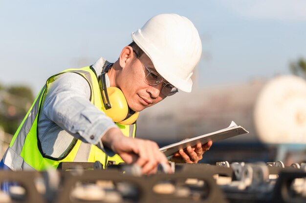 Ingeniero en chalecos y cascos con verificación de documentos del sistema de almacenamiento de batería