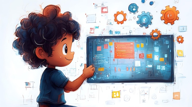 Un ingeniero de Chibi alegre revisando conceptos de software
