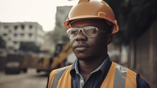 Ingeniero civil africano masculino de los años 30 con rostro determinado en el sitio de construcción AI generativo AIG21