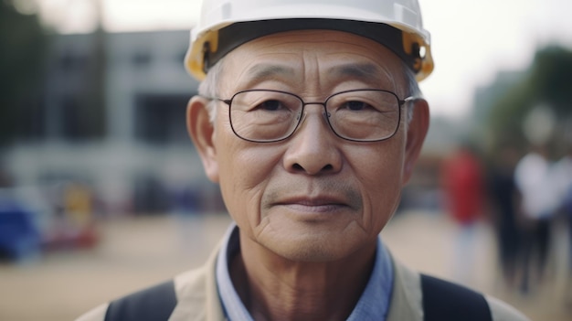 Ingeniero civil asiático masculino senior con rostro determinado en el sitio de construcción IA generativa AIG21