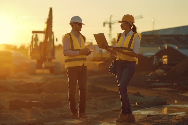 Un ingeniero civil caucásico y una arquitecta hispana caminando en un sitio de construcción con