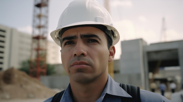 Ingeniero civil hispano de 30 años con rostro determinado en el sitio de construcción IA generativa AIG21