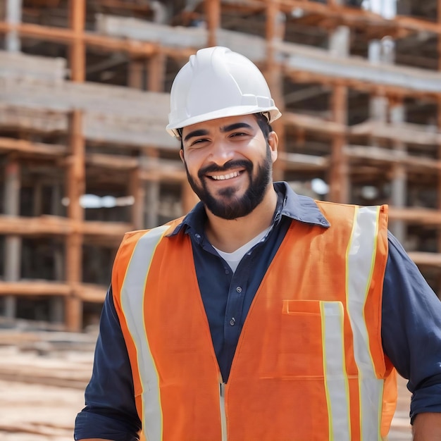 Ingeniero civil hispano sonriendo con fondos de construcción uso para la portada de la pancarta éxito en el objetivo