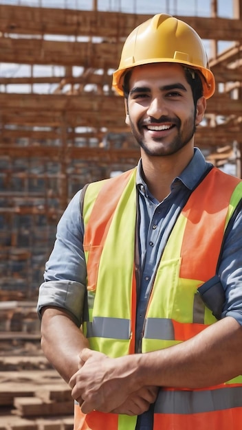 Ingeniero civil hispano sonriendo con fondos de construcción uso para la portada de la pancarta éxito en el objetivo