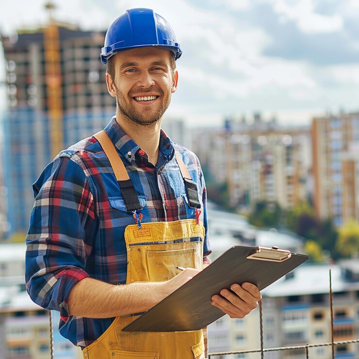 El ingeniero civil inspecciona la estructura en el sitio de construcción en comparación con el plan