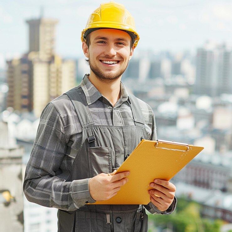 El ingeniero civil inspecciona la estructura en el sitio de construcción en comparación con el plan