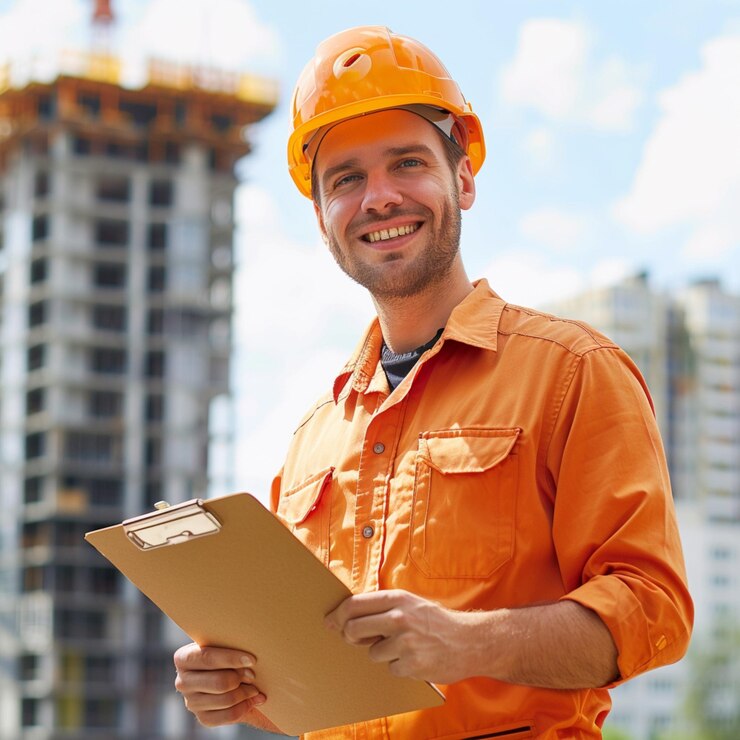 El ingeniero civil inspecciona la estructura en el sitio de construcción en comparación con el plan