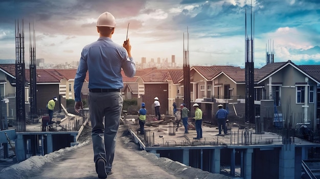 Ingeniero civil masculino con un walkie-talkie caminando hacia el complejo de viviendas de inspección en el sitio de construcción